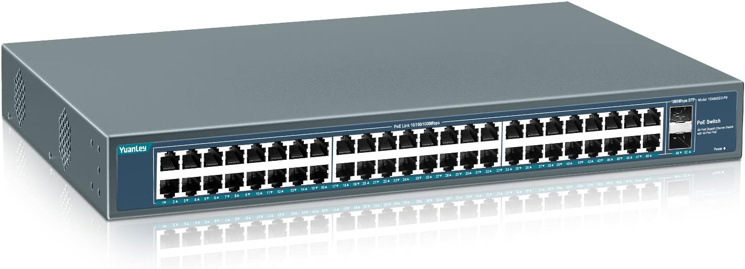 YuanLey 48 Port Gigabit PoE Switch Unmanaged with 2 1000Mbps SFP Uplink, 50 Port 802.3af/at 800W High Power PoE+ Network Switch, Metal Rackmount Power Over Ethernet Switch image 0