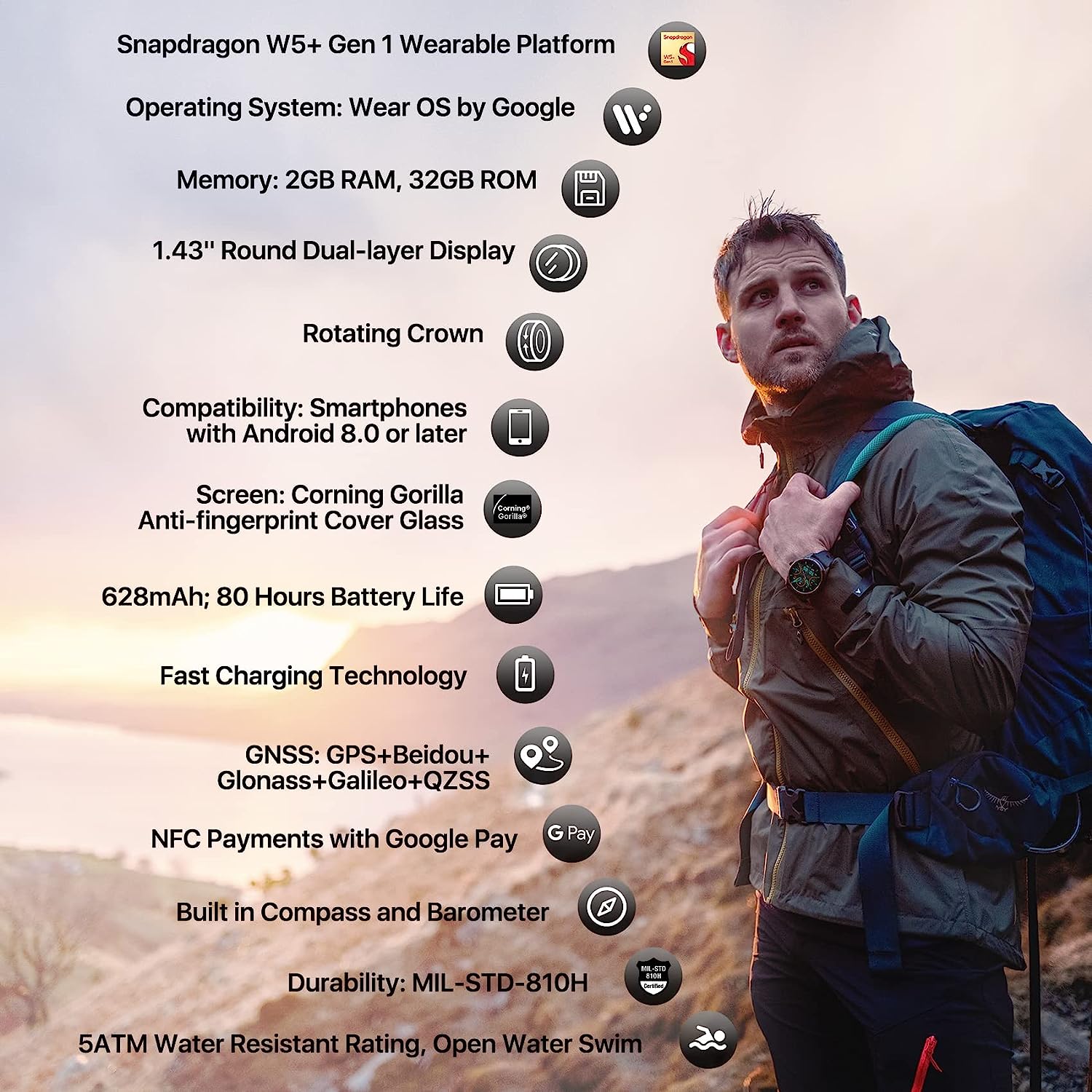 Ticwatch Pro 5 Android Smartwatch for Men Snapdragon W5+ Gen 1 Wear OS Smart Watch 80 Hrs Long Battery Life Health Fitness Tracking GPS 5ATM Water Resistance Compass NFC Android Only Compatible image 1