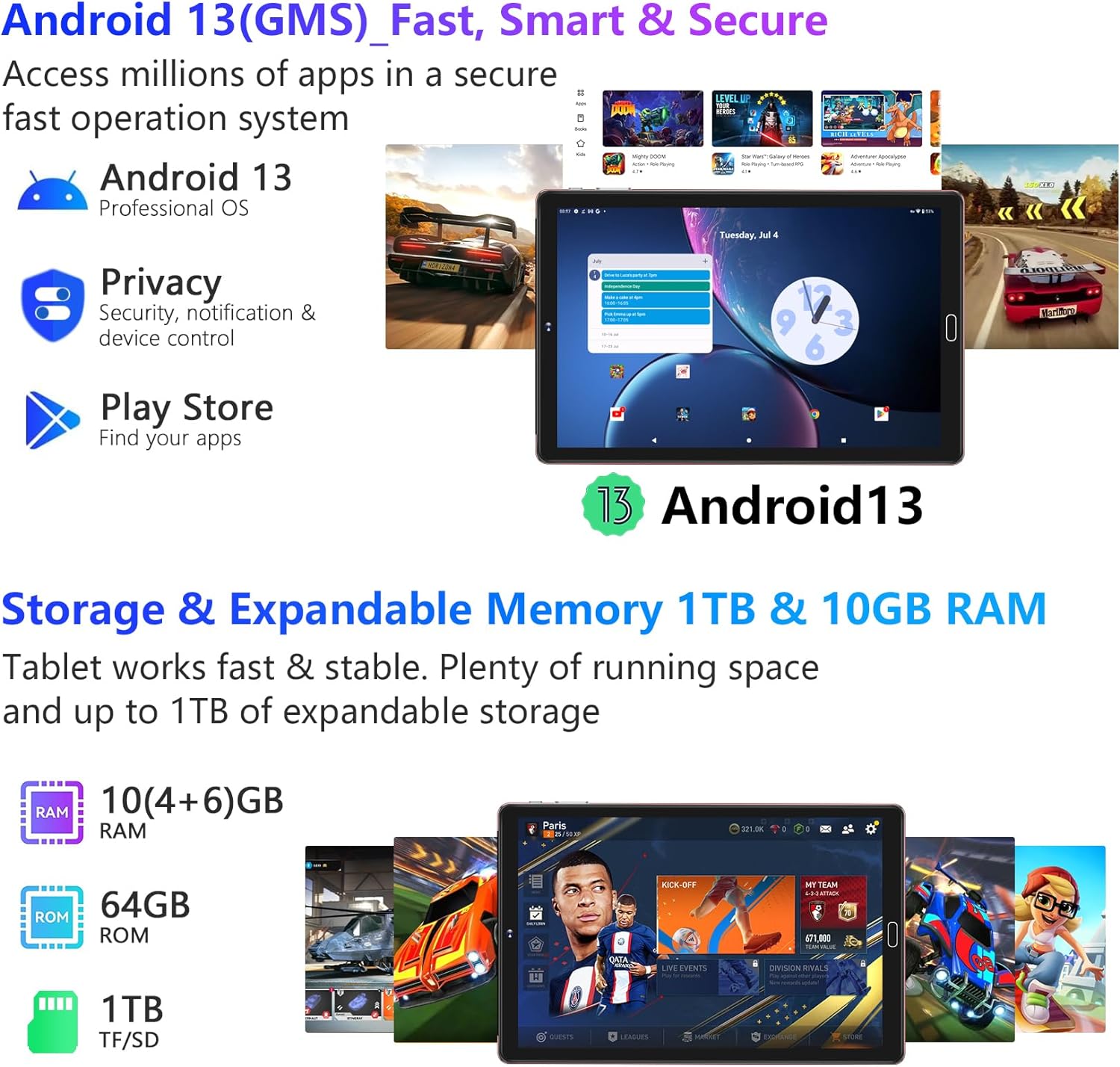 Tablet 10'' Android 13 10GB RAM+64GB ROM(TF 1TB), WiFi 5G + BT 5.0, GPS, OTG, Type-C, 6000mAh, 8MP+5MP, Tablet with Case, Keyboard & Mouse, Black image 2