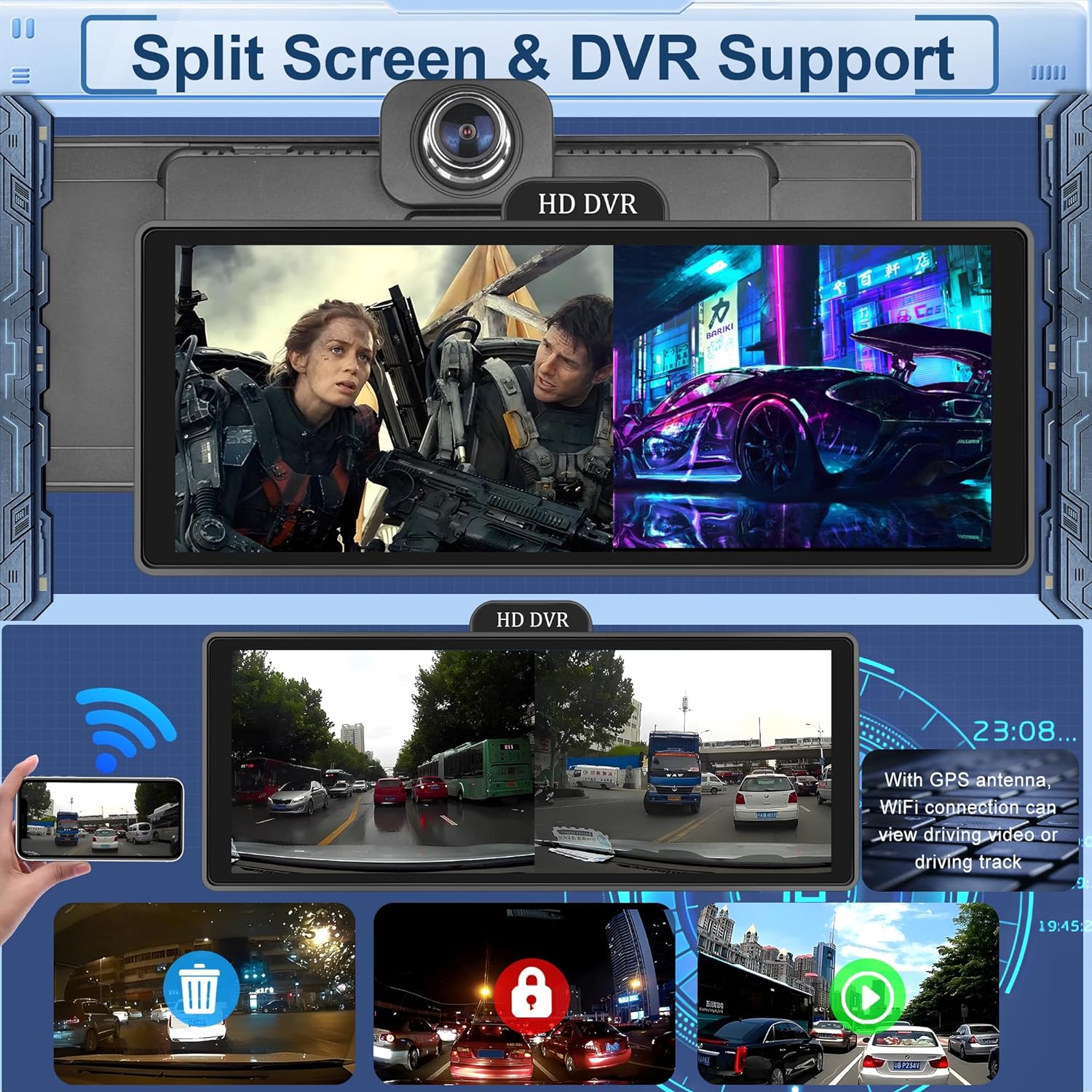 Portable Car Radio 10.26'' Portable Wireless Apple Carplay Screen with Dash Cam Backup Camera, Portable Android Auto FM Transmission Mirror Link GPS Siri Bluetooth ADAS image 1