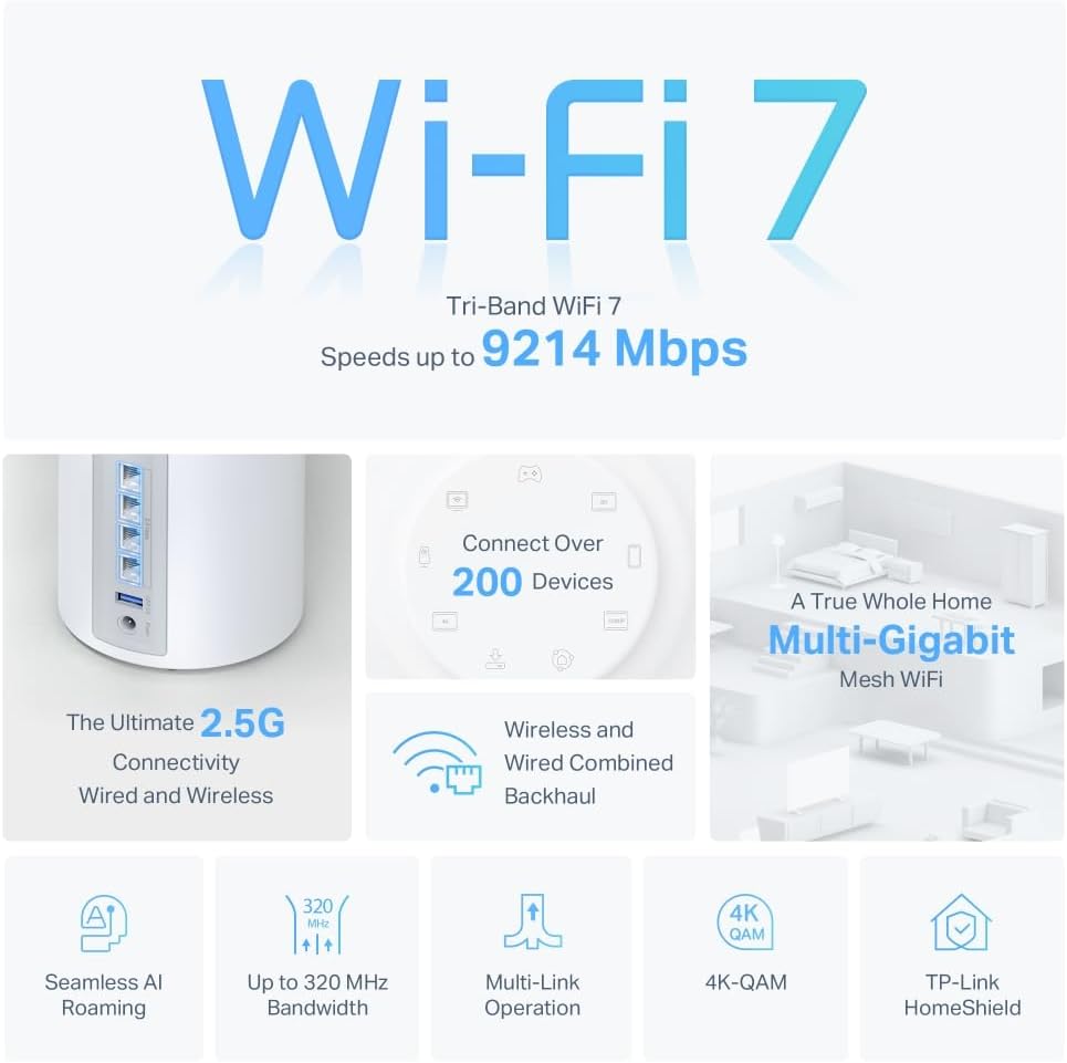 TP-Link Deco BE65 BE9300 Tri-Band Whole Home Mesh WiFi 7 System, Speeds up to 9214 Mbps, AI-Driven, Connect Over 200 Devices, Ideal for Gaming&4K, Easy Setup, Mesh System 2.5G Connectivity, Pack of 3 image 3