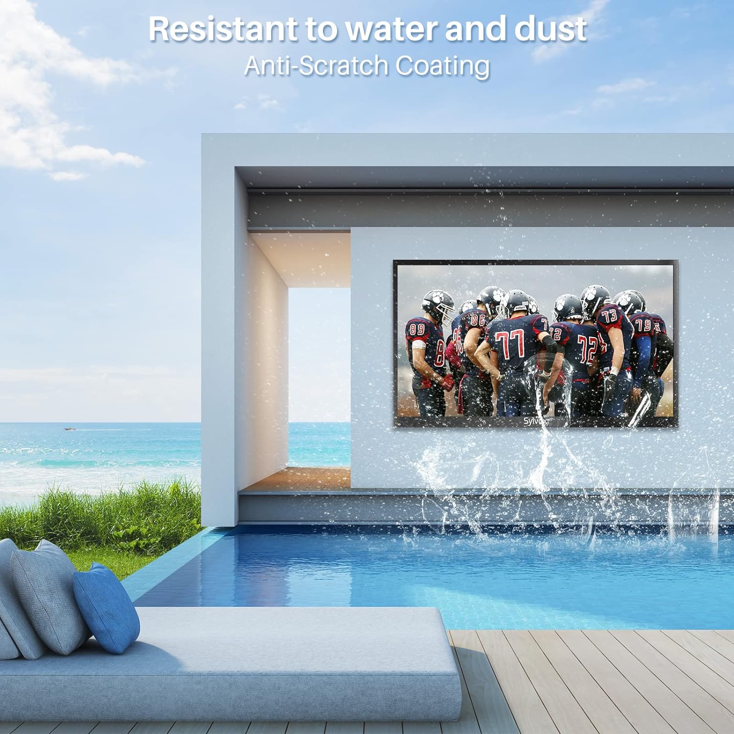 SYLVOX 75” Outdoor TV, 4K UHD Smart Outdoor Television 2000 nits High Brightness, IP55 Waterproof TV with Chromecast, Voice Assistant, Android Outside TV for Full Sun (Pool Pro Series) image 3