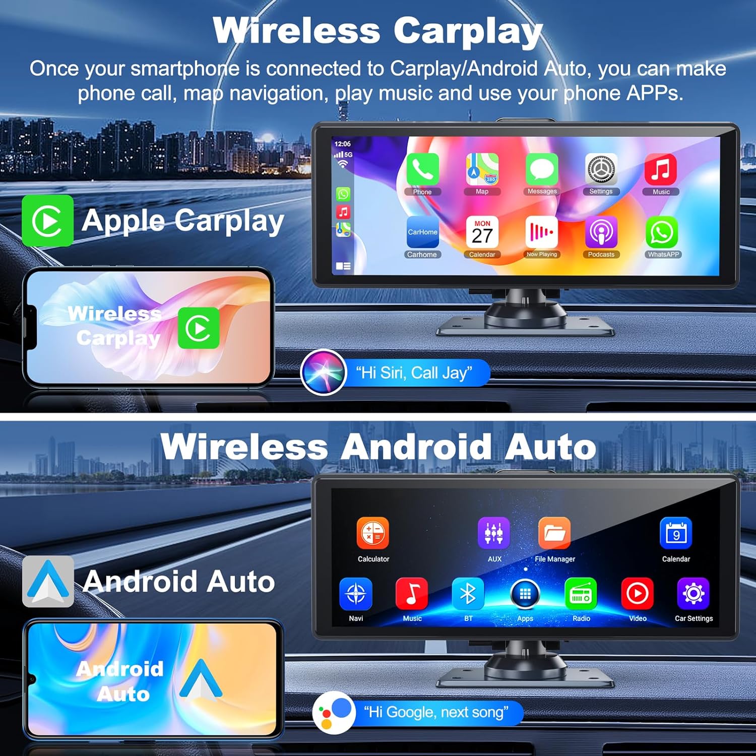 Portable Apple Carplay for Car with 4K Dash Cam, 10.26' HD IPS Screen Car Radio, Android Auto, Backup Camera, Loop Recording, Bluetooth, GPS Navigation, Mirror Link/Mic/TF/USB/AUX for All Vehicles image 1