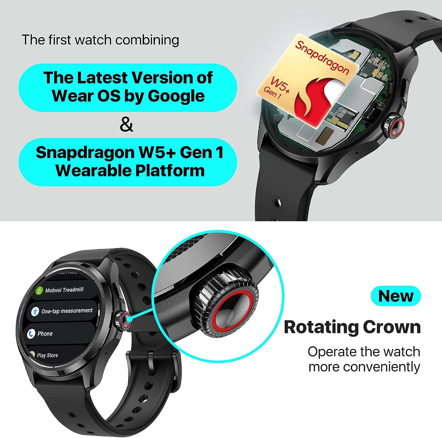 Ticwatch Pro 5 Android Smartwatch for Men Snapdragon W5+ Gen 1 Wear OS Smart Watch 80 Hrs Long Battery Life Health Fitness Tracking GPS 5ATM Water Resistance Compass NFC Android Only Compatible image 2