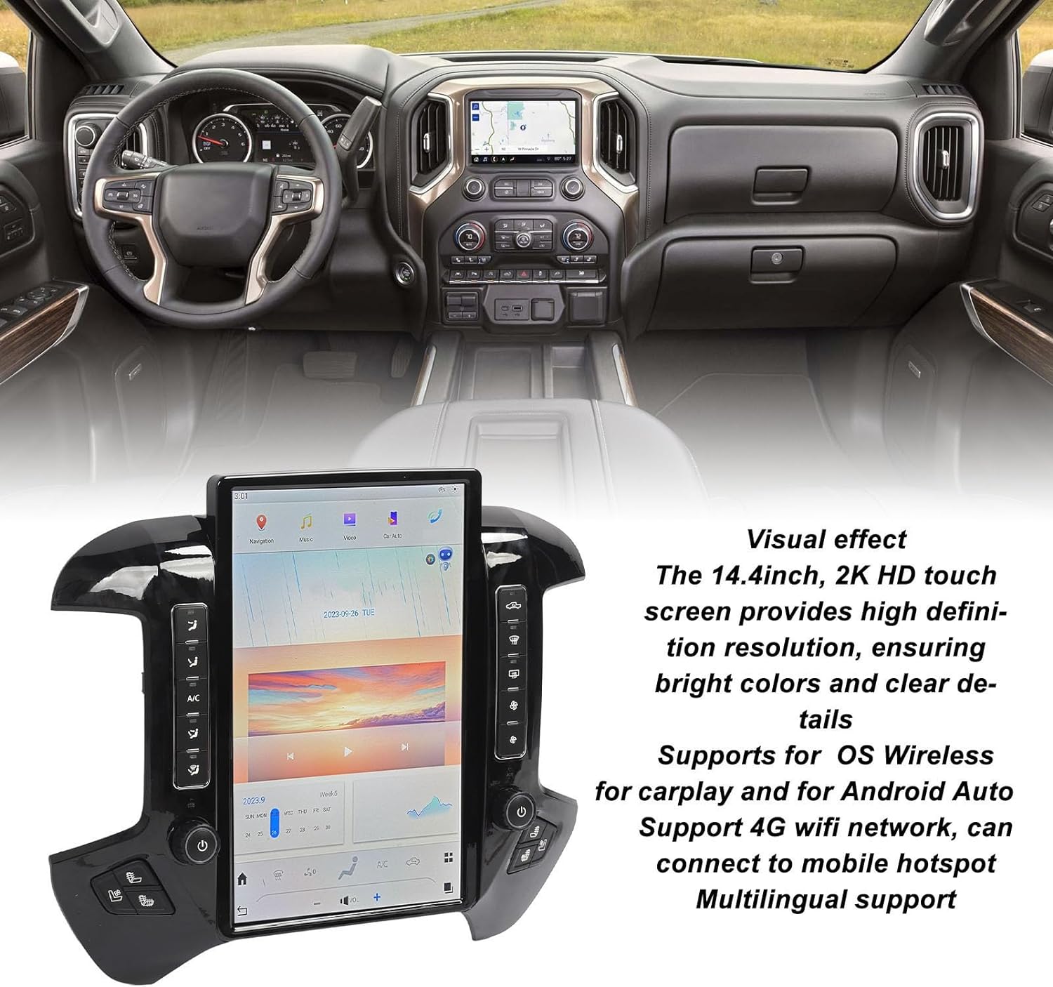 Car Multimedia Player 14.4in 2K HD Touch Screen GPS Navigation, Wireless Compatible with 11 Stereo Radio Ideal for 1500, 2500HD, 3500HD Vehicles Measuring 4.2 (for Original 8in image 2