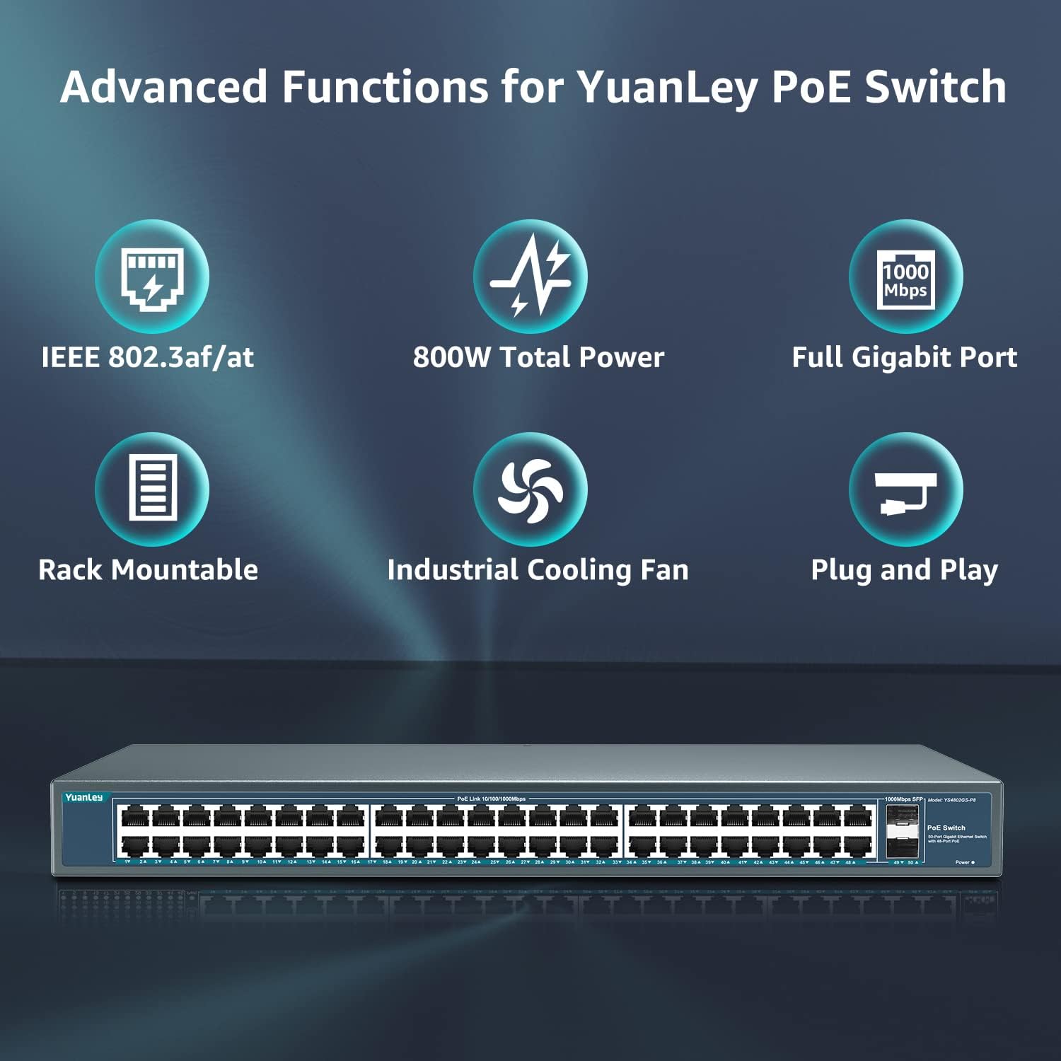 YuanLey 48 Port Gigabit PoE Switch Unmanaged with 2 1000Mbps SFP Uplink, 50 Port 802.3af/at 800W High Power PoE+ Network Switch, Metal Rackmount Power Over Ethernet Switch image 1