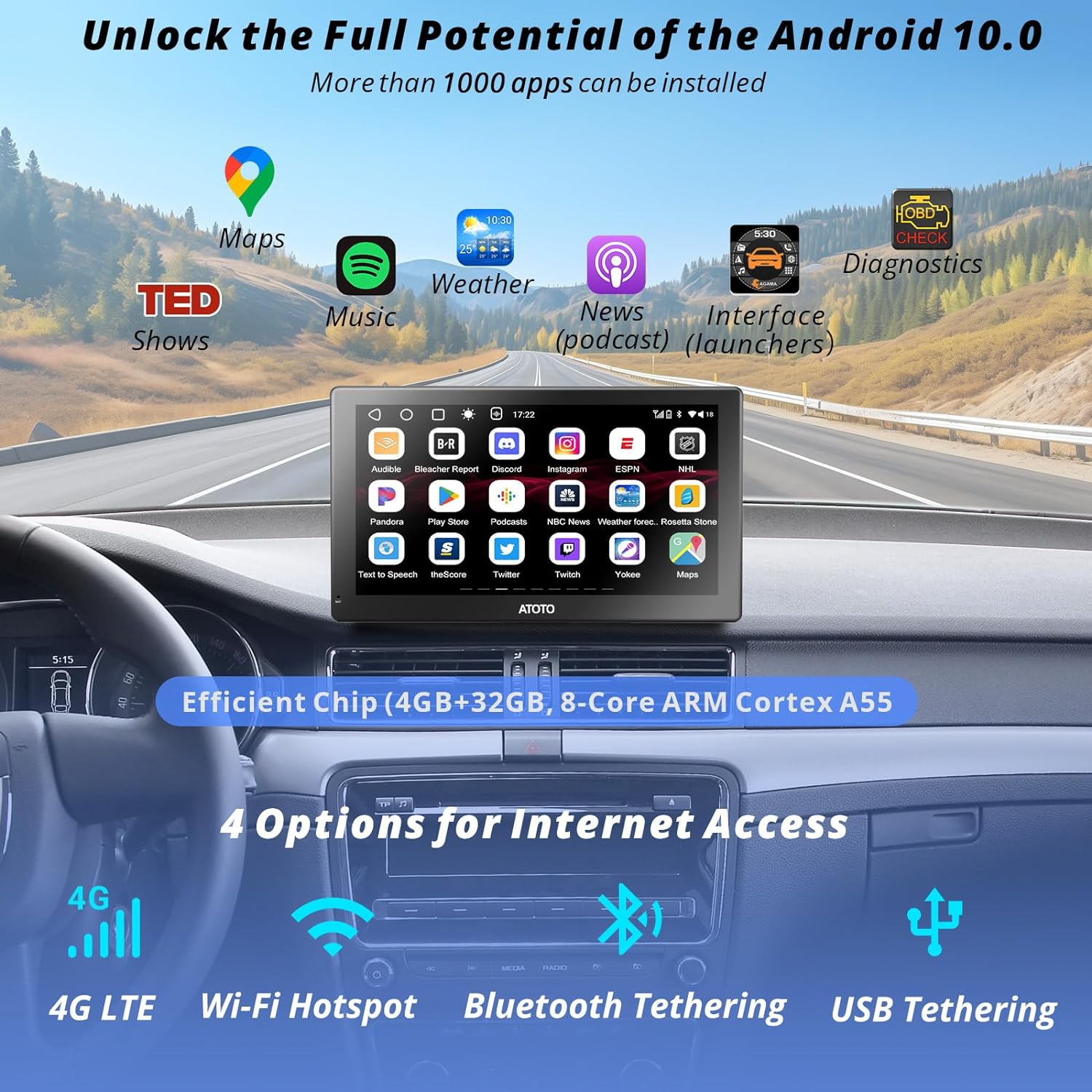 ATOTO P9 9inch QLED Digital Media Receivers Android Portable Car Stereo, 4G+32G, Wireless CarPlay & Android Auto, 4G LTE, 2 Bluetooth, GPS Tracking, HDMI Input, with 1080P Dash & Rear Cam, P909PR-S3 image 1