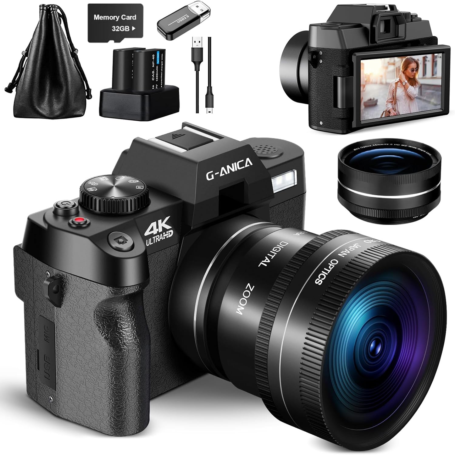 G-Anica 4K Digital Cameras for Photography，48MP/60FPS Video Camera for Vlogging, WiFi & App Control Vlogging Camera for YouTube, Small Camera with 32GB TF Card.Wide-Angle & Macro Lens image 0
