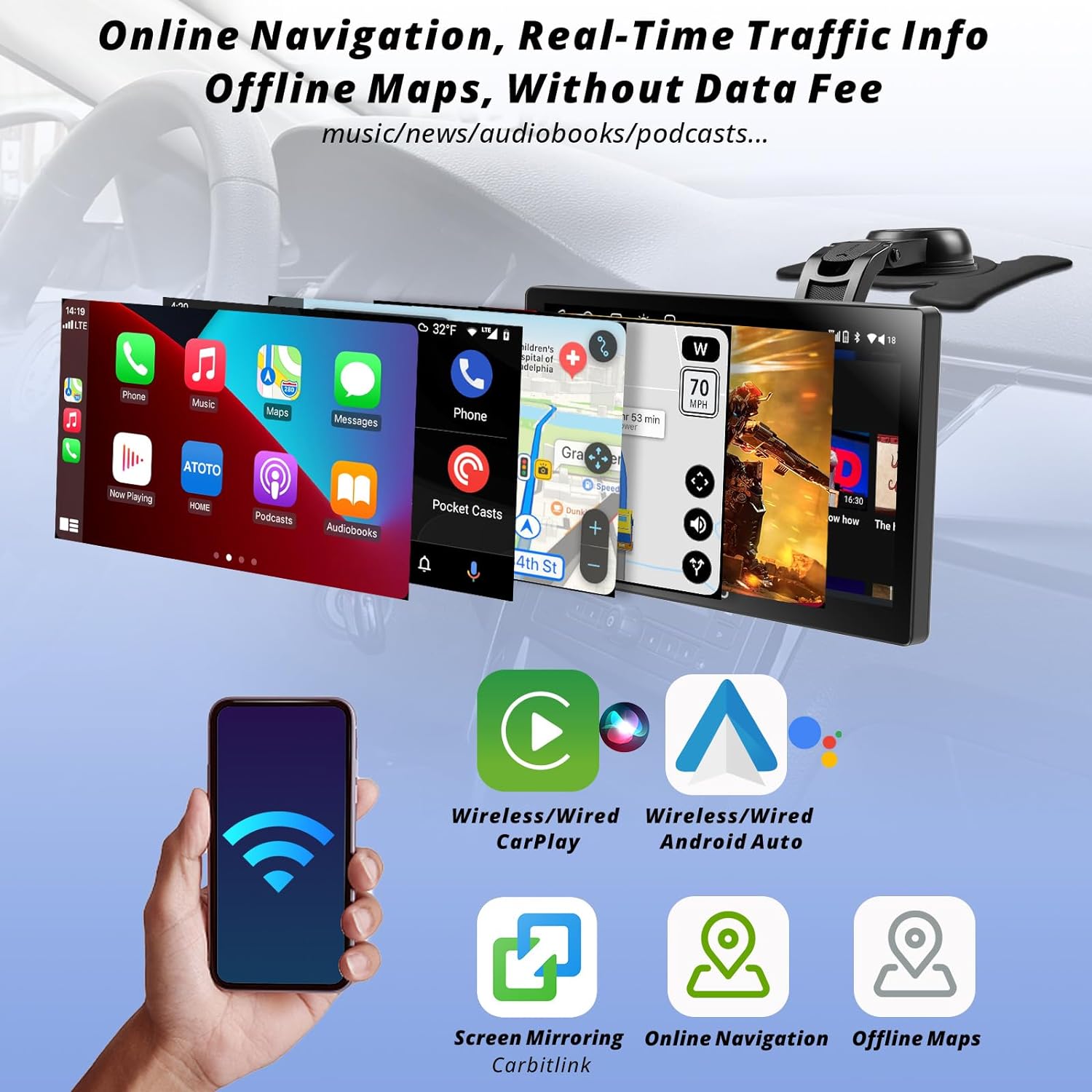 ATOTO P9 9inch QLED Digital Media Receivers Android Portable Car Stereo, 4G+32G, Wireless CarPlay & Android Auto, 4G LTE, 2 Bluetooth, GPS Tracking, HDMI Input, with 1080P Dash & Rear Cam, P909PR-S3 image 2