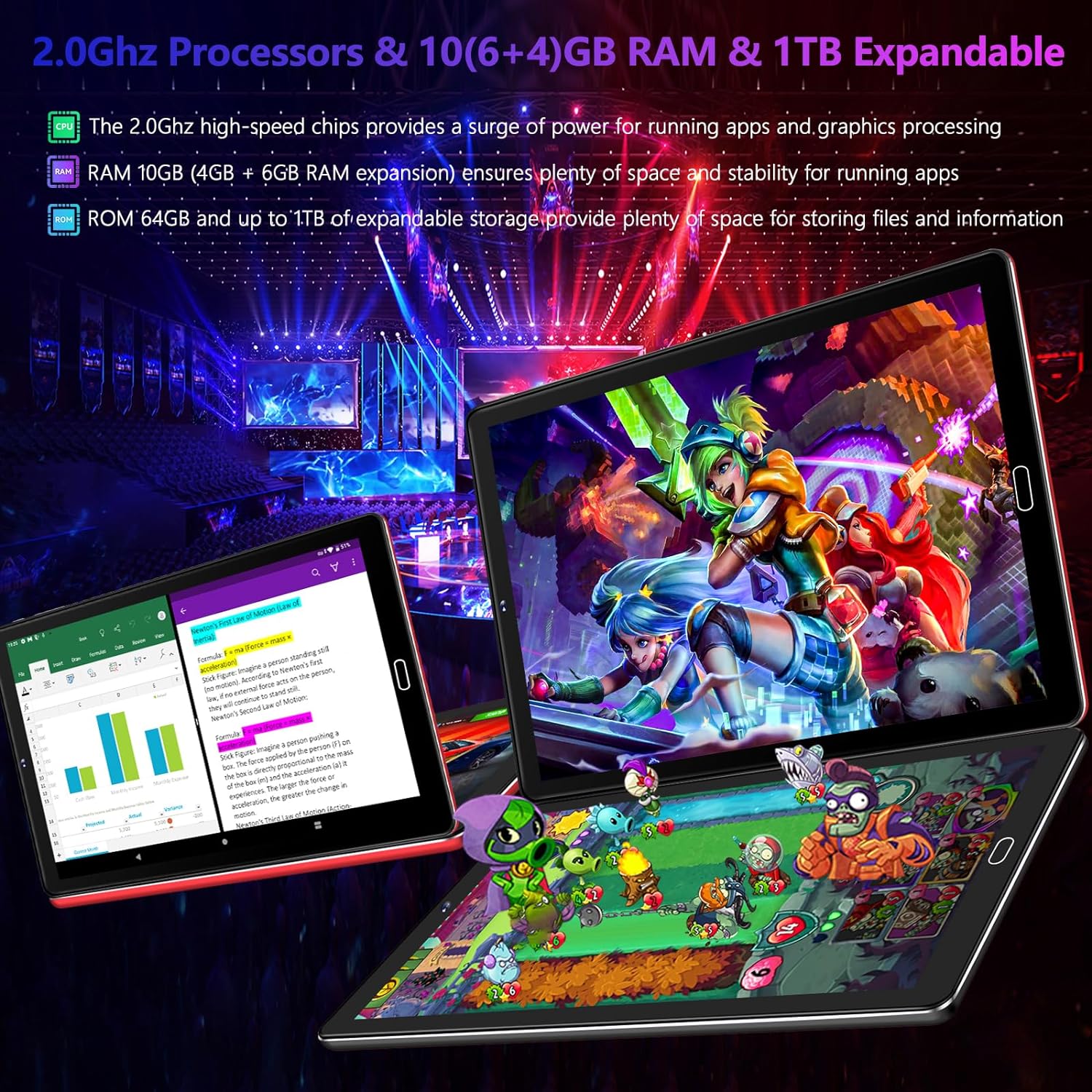 Tablet 10'' Android 13 10GB RAM+64GB ROM(TF 1TB), WiFi 5G + BT 5.0, GPS, OTG, Type-C, 6000mAh, 8MP+5MP, Tablet with Case, Keyboard & Mouse, Black image 3