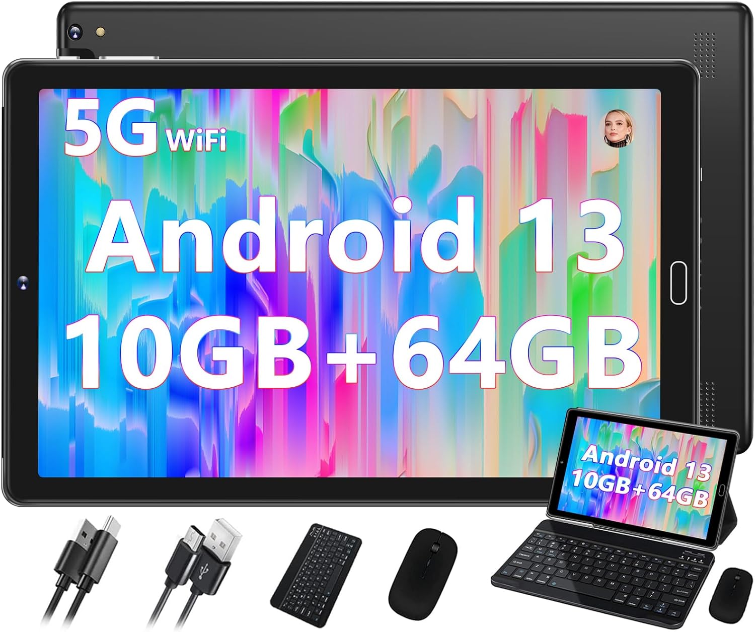 Tablet 10'' Android 13 10GB RAM+64GB ROM(TF 1TB), WiFi 5G + BT 5.0, GPS, OTG, Type-C, 6000mAh, 8MP+5MP, Tablet with Case, Keyboard & Mouse, Black image 0