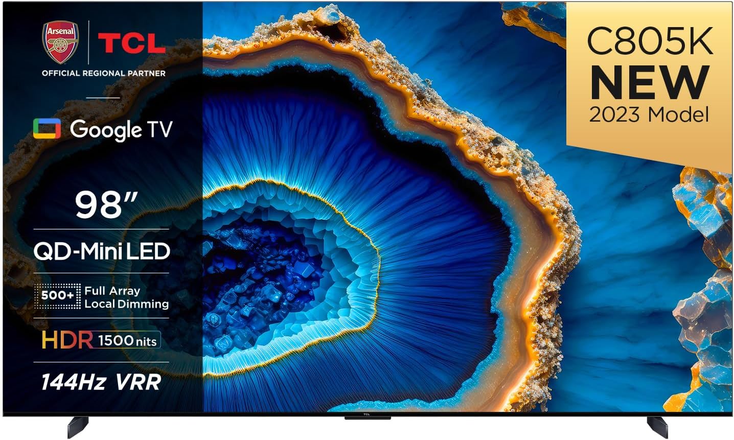 TCL 98C805K 98-inch QLED Mini LED, 4K HDR Premium 1300nits, Smart TV Powered by Google TV (Dolby Vision & Atmos, Onkyo 2.0 sound system, 144Hz Motion Clarity Pro, Hands-Free Voice Control) image 0