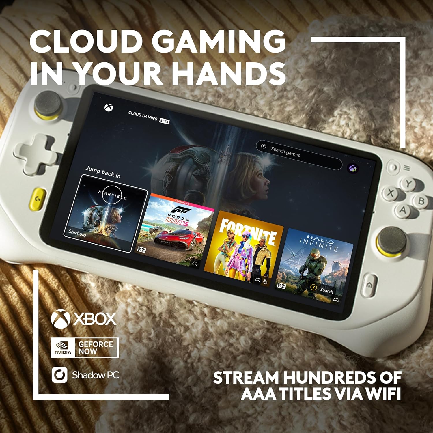Logitech G Cloud Gaming Handheld, Portable Gaming Console with Long Battery Life, 1080P 7-Inch Touchscreen, Lightweight Design, Xbox Cloud Gaming, NVIDIA GeForce NOW, Google Play - UK plug - White image 2