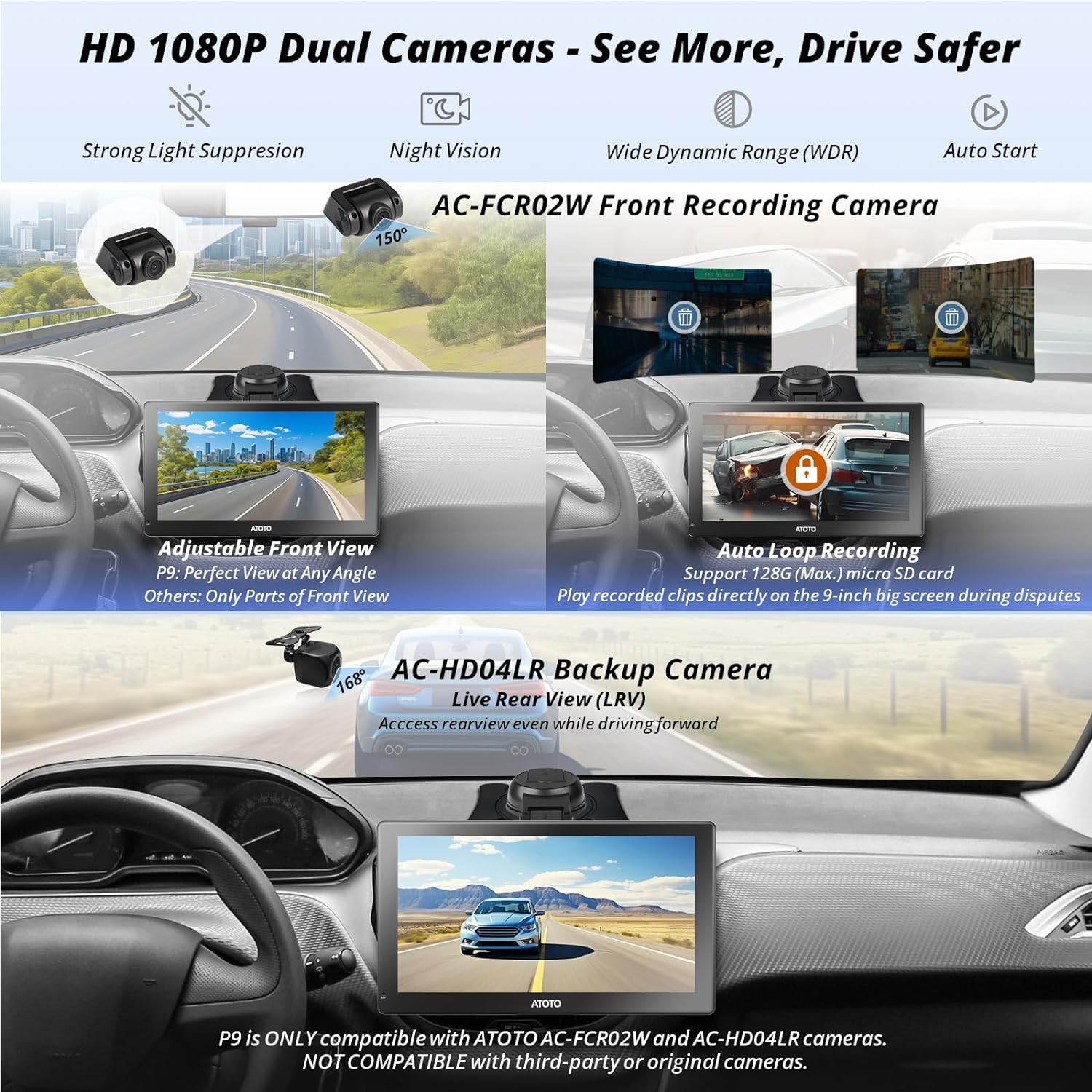 ATOTO P9 9inch QLED Digital Media Receivers Android Portable Car Stereo, 4G+32G, Wireless CarPlay & Android Auto, 4G LTE, 2 Bluetooth, GPS Tracking, HDMI Input, with 1080P Dash & Rear Cam, P909PR-S3 image 3