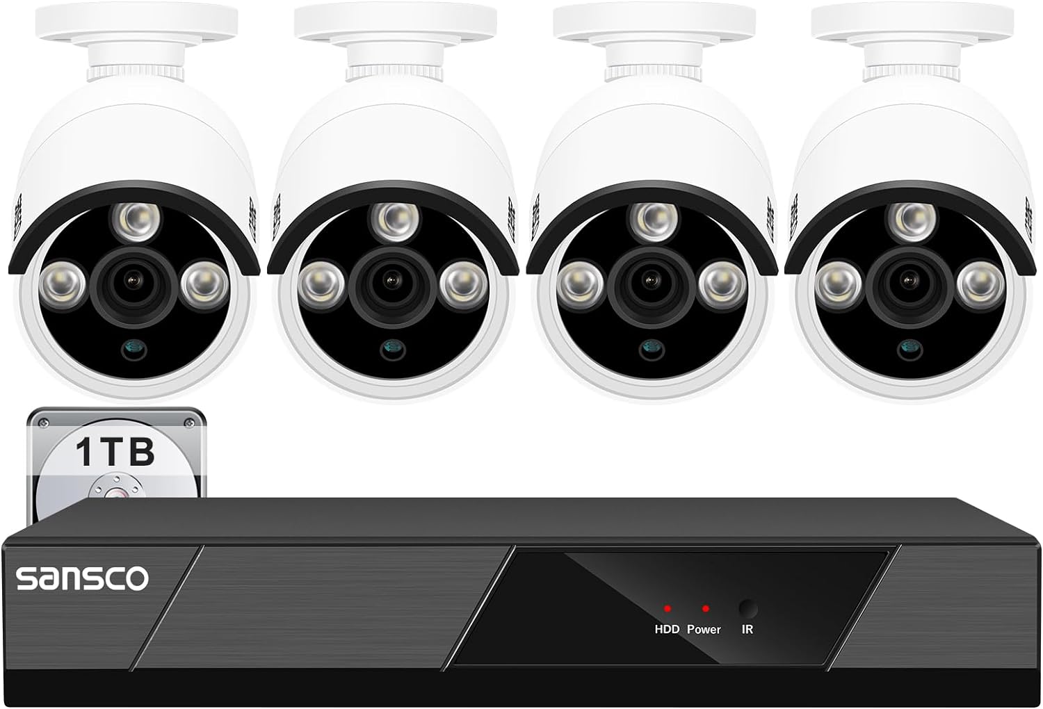 SANSCO PoE CCTV Security Camera System with 1TB Hard Drive Audio Recording, 8CH 4K NVR + (4) 4MP Outdoor IP Cameras (2560x1440, Built-in Mic, AI Human/Face Detection, Night Vision, Remote Access) image 0
