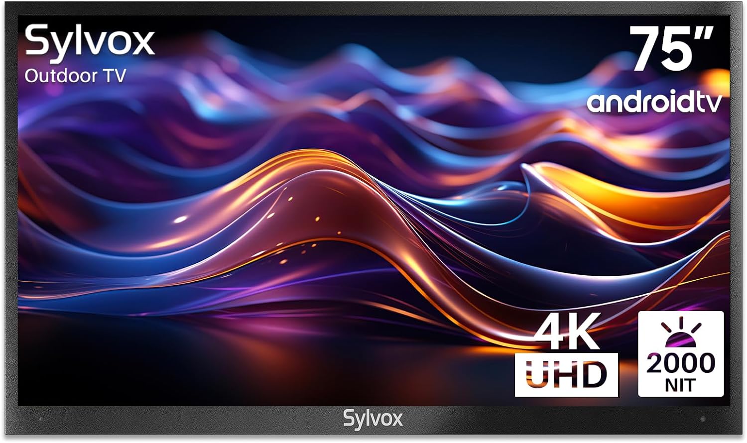 SYLVOX 75” Outdoor TV, 4K UHD Smart Outdoor Television 2000 nits High Brightness, IP55 Waterproof TV with Chromecast, Voice Assistant, Android Outside TV for Full Sun (Pool Pro Series) image 0