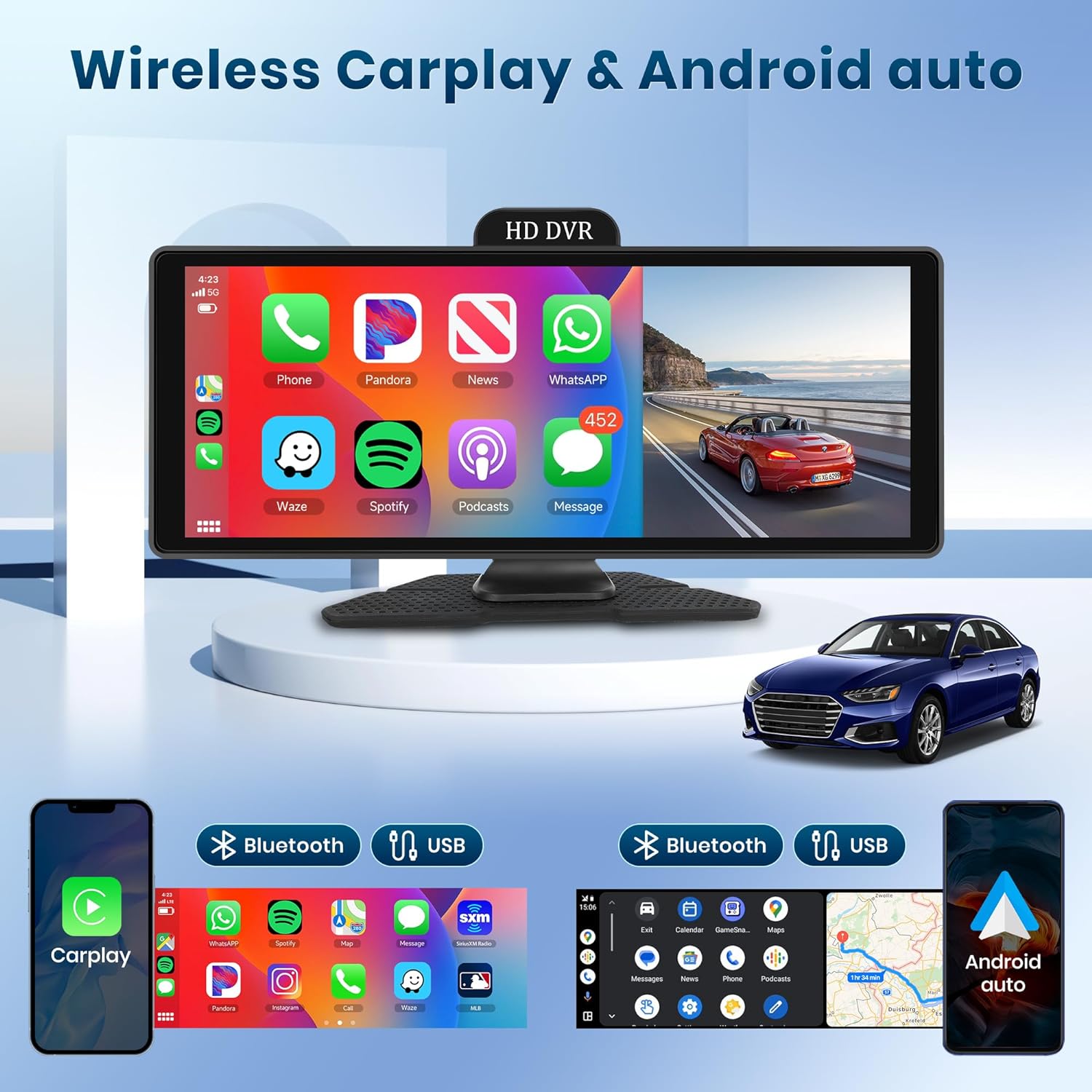 Portable Car Radio 10.26'' Portable Wireless Apple Carplay Screen with Dash Cam Backup Camera, Portable Android Auto FM Transmission Mirror Link GPS Siri Bluetooth ADAS image 4