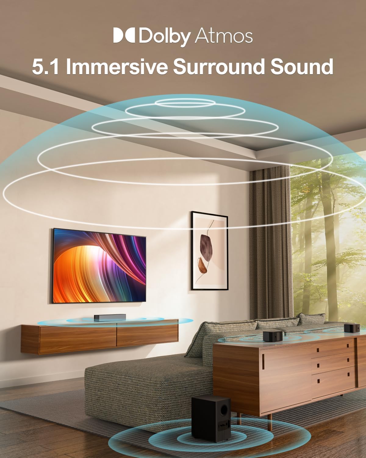 ULTIMEA 5.1 Soundbar with Dolby Atmos, 3D Surround Sound System Sound Bar for TV, TV Sound Bar with Wireless Subwoofer, Surround and Bass Adjustable Home Audio TV Speakers, Poseidon D60 Series image 1