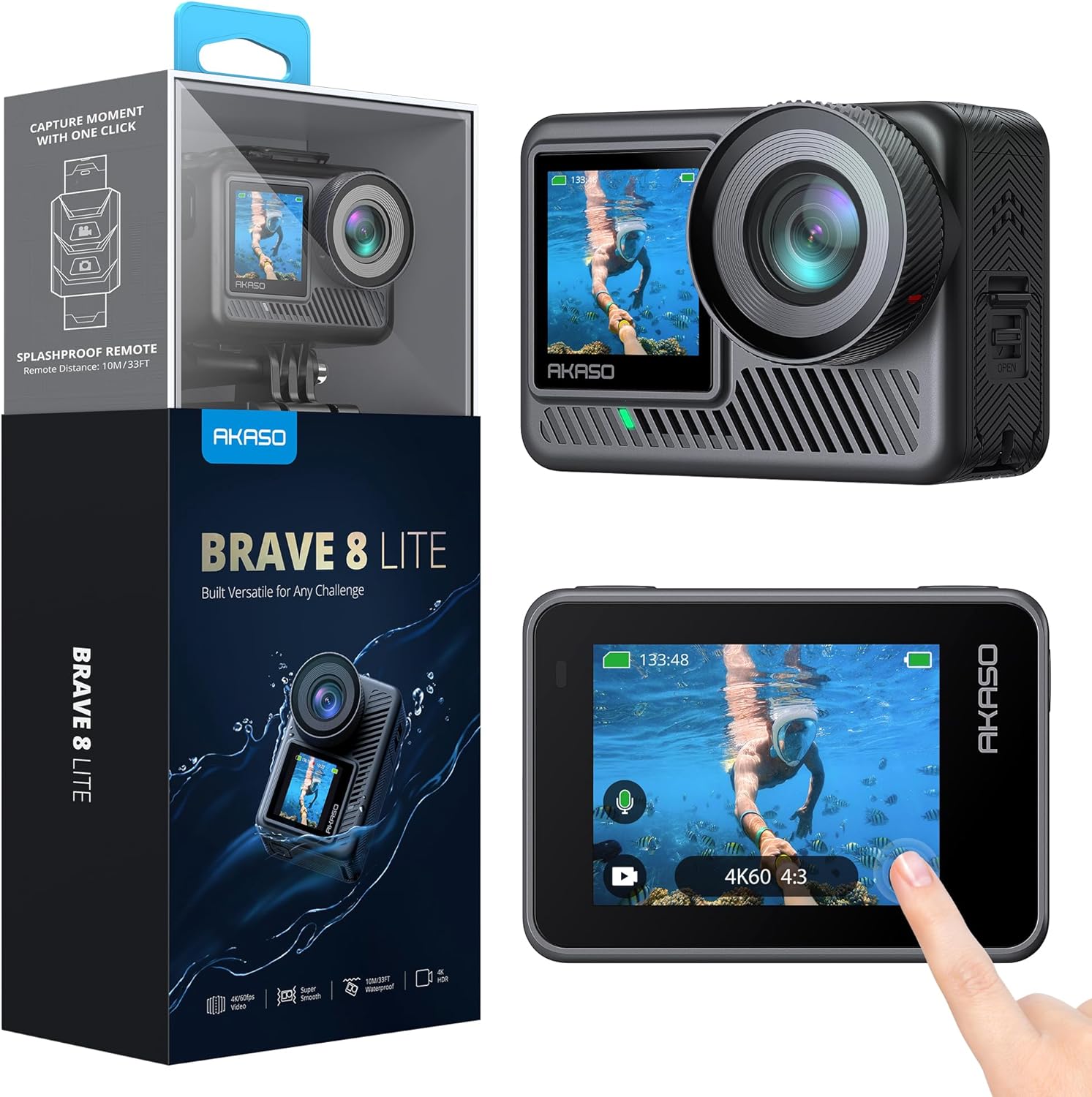 AKASO Brave 8 Lite Waterproof Action Camera - 4K60 Ultra HD Video, 20MP Photos, HDR, Dual Screen, SuperSmooth Stabilization, 8X Slow Motion, 4X ZOOM, Super Wide Angle, and Accessory Kits image 0