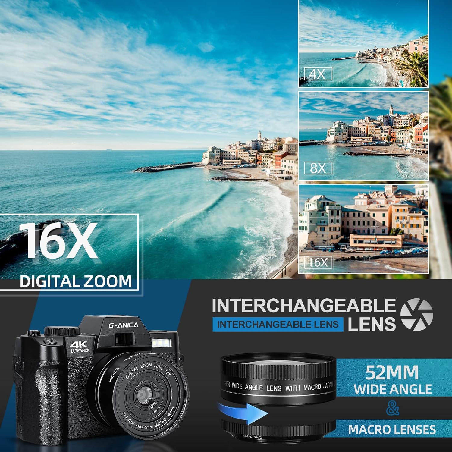 G-Anica 4K Digital Cameras for Photography，48MP/60FPS Video Camera for Vlogging, WiFi & App Control Vlogging Camera for YouTube, Small Camera with 32GB TF Card.Wide-Angle & Macro Lens image 1